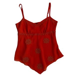 Vintage Y2K New York & Company Orange Sequin Embroidered Babydoll Top SZ 2